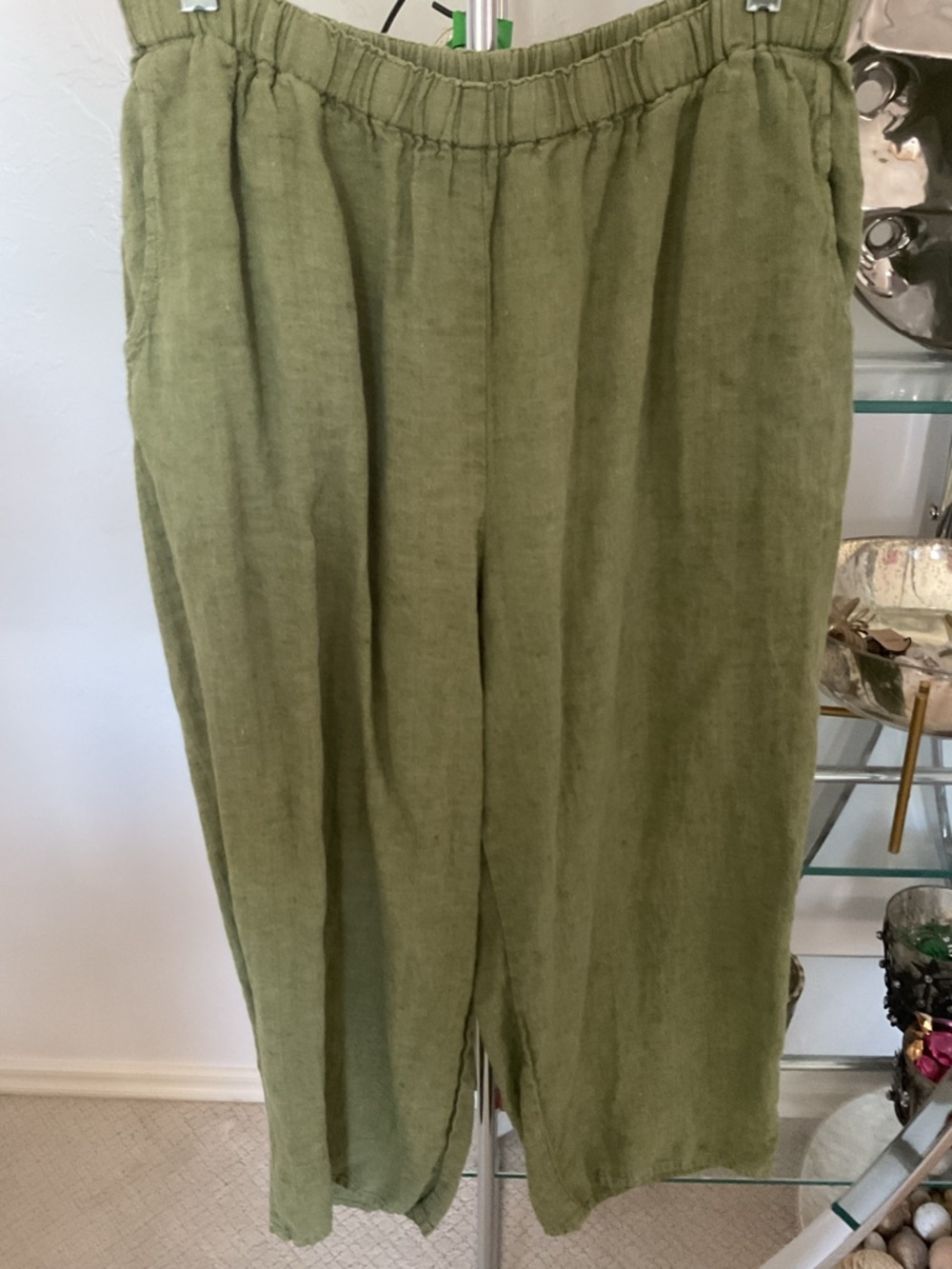 Flax Olive Green Linen Elastic Waist Pants